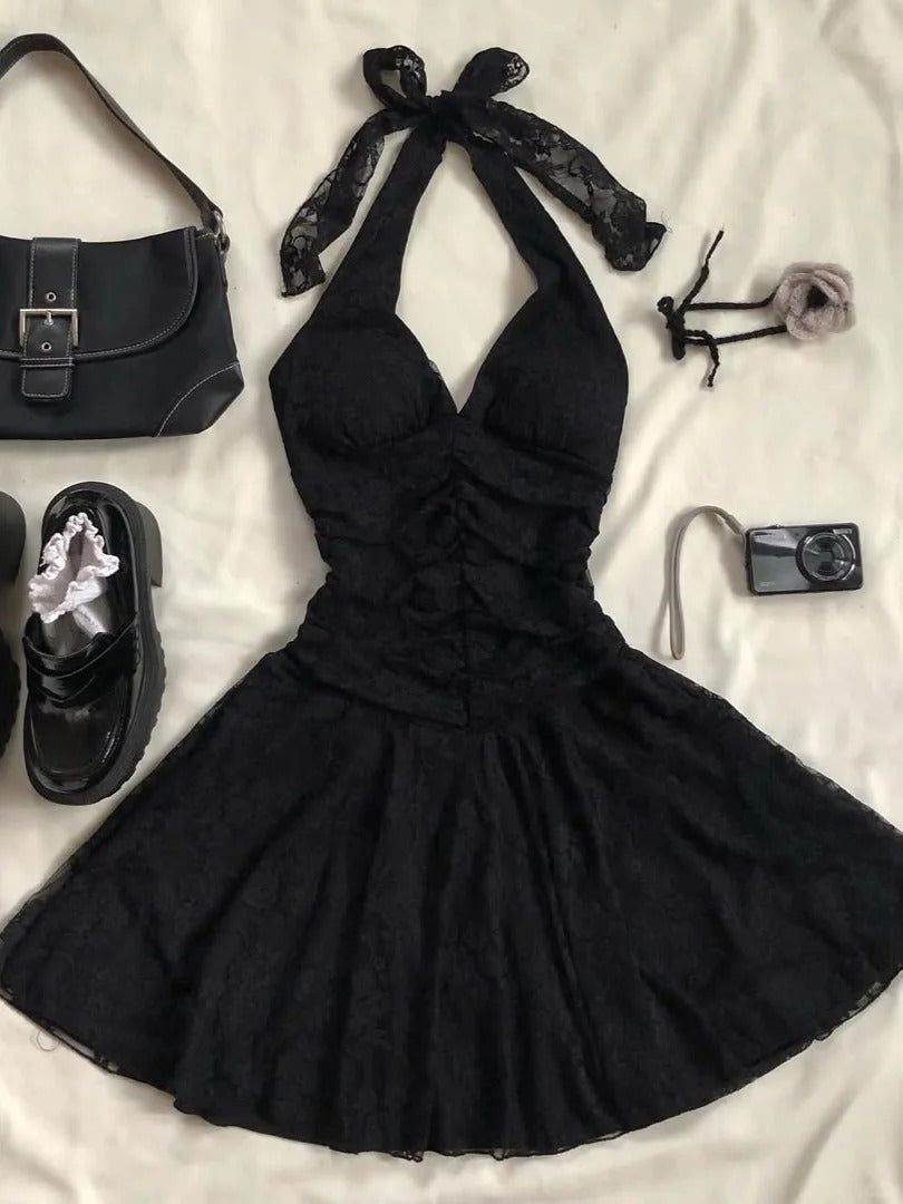 Sexy A-Line Halter Black Lace Short Homecoming Dress 20th Birthday Outfits - FashionDia
