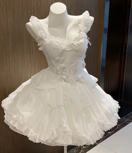 Princess Ball Gown White Spaghetti Straps Ruffles Chiffon Lace Short Homecoming Dress 16th Birthday Outfits - VelvetHem