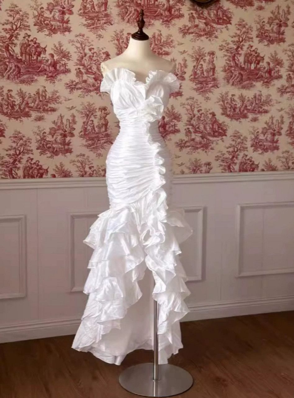 Vintage White Mermaid Sweetheart Satin Pleated Long Prom Dress,Wedding Dress,Formal Dress
