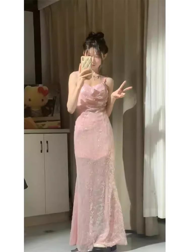 Classy Mermaid Spaghetti Straps Pink Satin Sequin Long Prom Dress,Formal Dress - View 2 | FashionDia