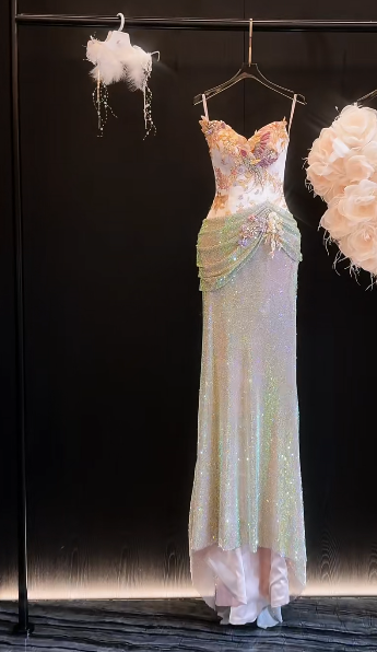 Luxurious Mermaid Spaghetti Straps Satin Sequin Beads Long Prom Dress,Formal Dress - View 2 | FashionDia