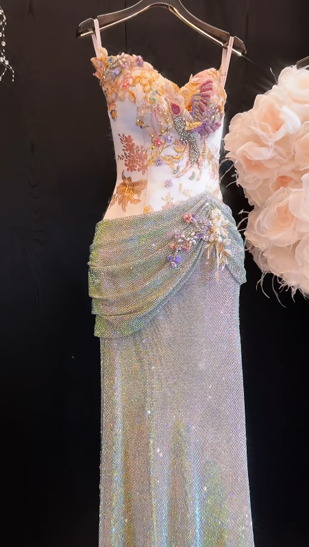 Luxurious Mermaid Spaghetti Straps Satin Sequin Beads Long Prom Dress,Formal Dress - View 3 | FashionDia