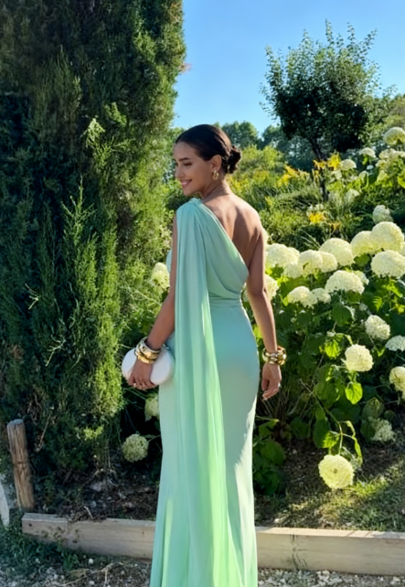 Elegant Mermaid One-Shoulder Satin Pleated Long Prom Dress,Formal Dress - View 4 | FashionDia