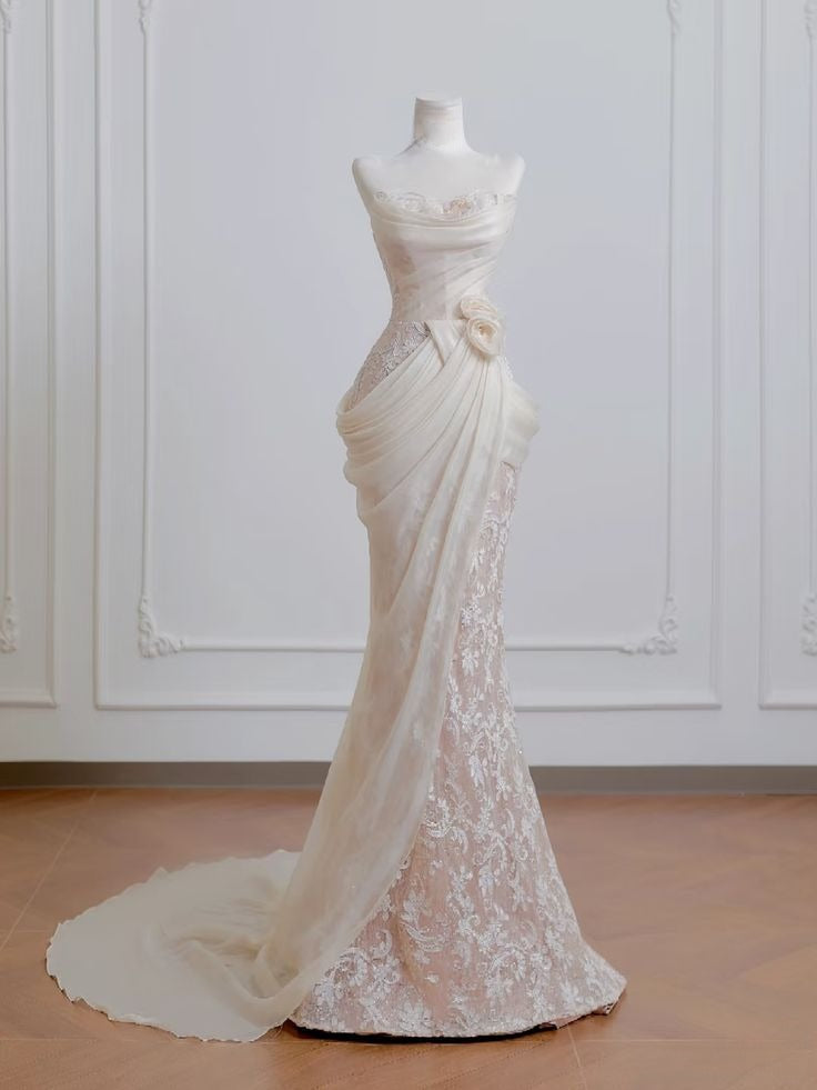 Fairy Mermaid Strapless Chiffon Lace Long Prom Dress,Formal Dress - View 2 | FashionDia