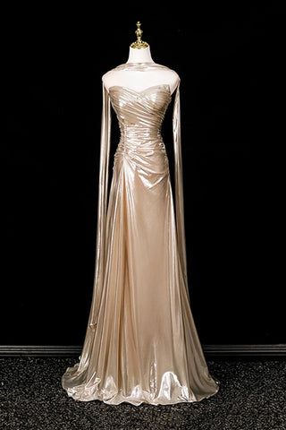 Champagne Classy Mermaid Strapless Pleated Satin With Scarf Long Prom Dress,Formal Dress - FashionDia