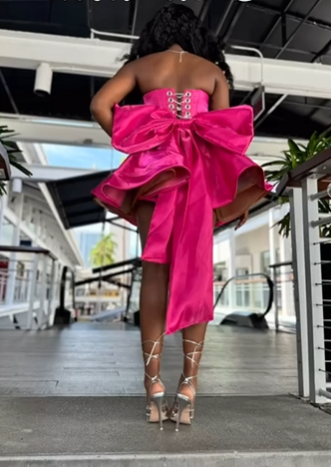 Gorgeous Hot Pink Satin Beaded Homecoming Dress Short Birthday Dress With Bow - View 4 | FashionDia