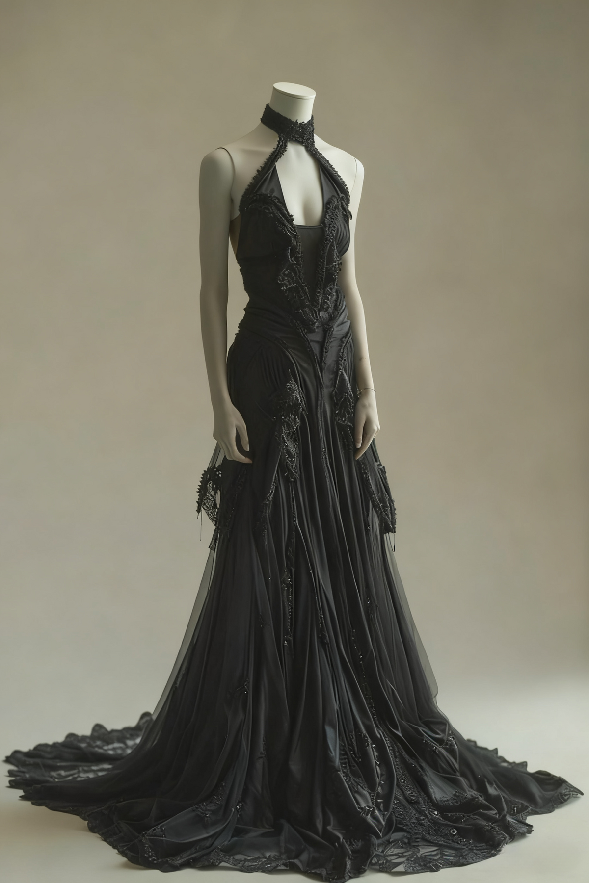 Vintage A-Line Halter Black Satin Tulle Lace Long Prom Dress,Formal Dress - View 2 | FashionDia