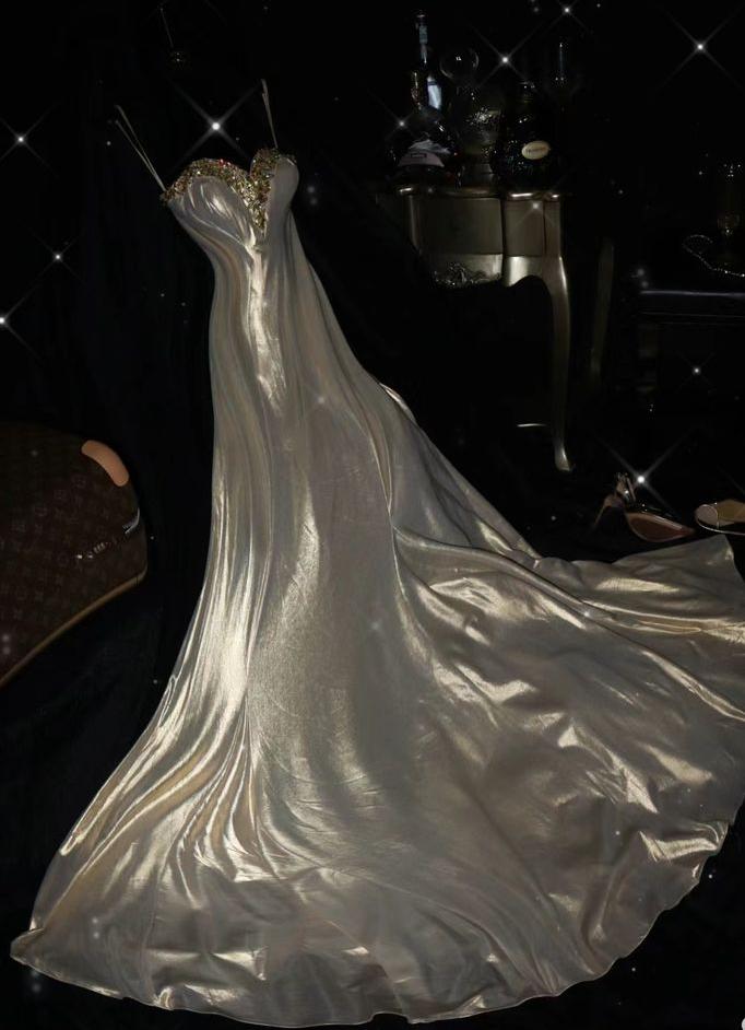 Classy A-Line Spaghetti Straps Satin Beaded Long Prom Dress,Formal Evening Dress - FashionDia