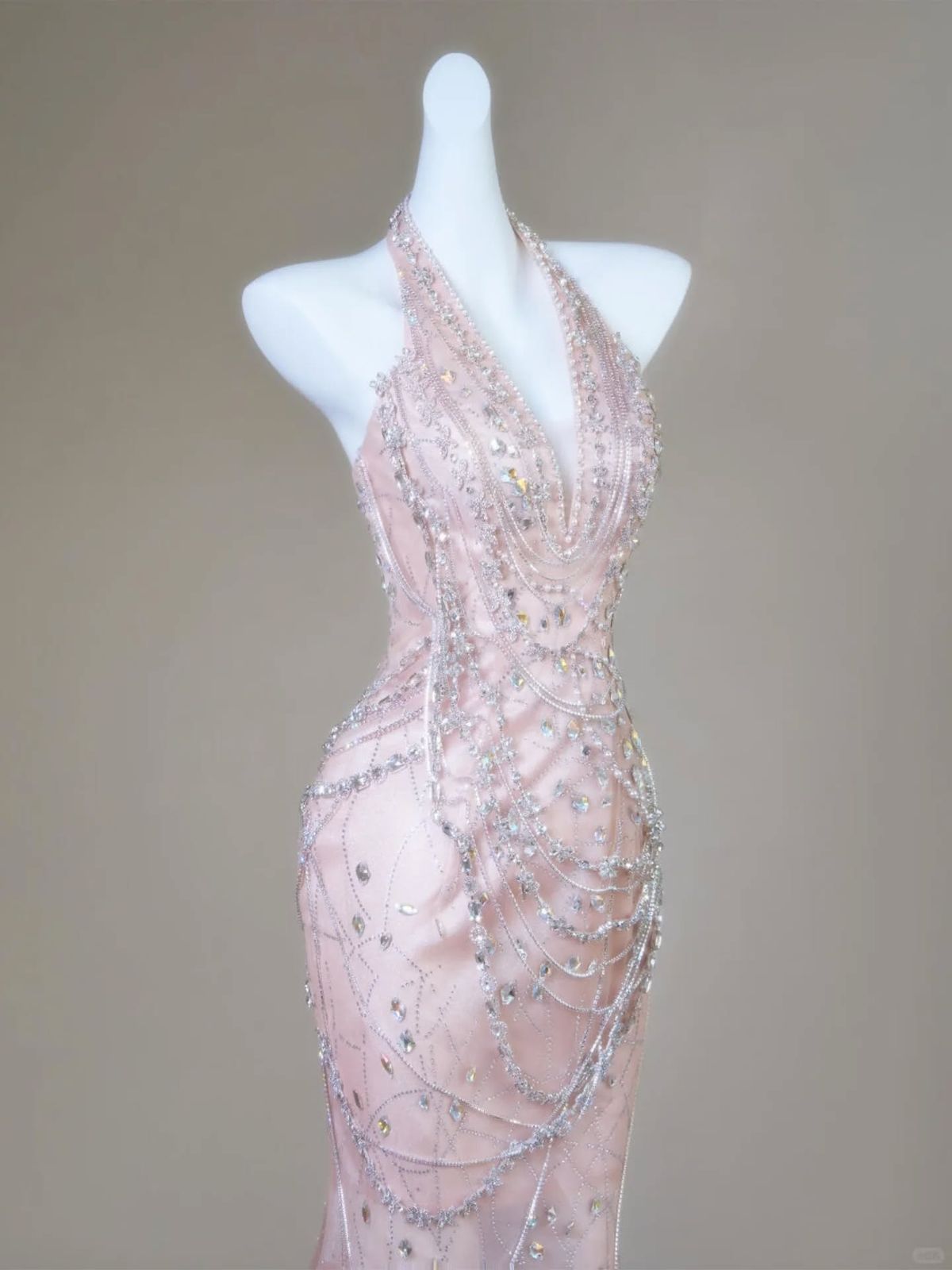 Gorgeous Mermaid Halter Light Pink Satin Beaded Long Prom Dress,Formal Evening Dress - FashionDia