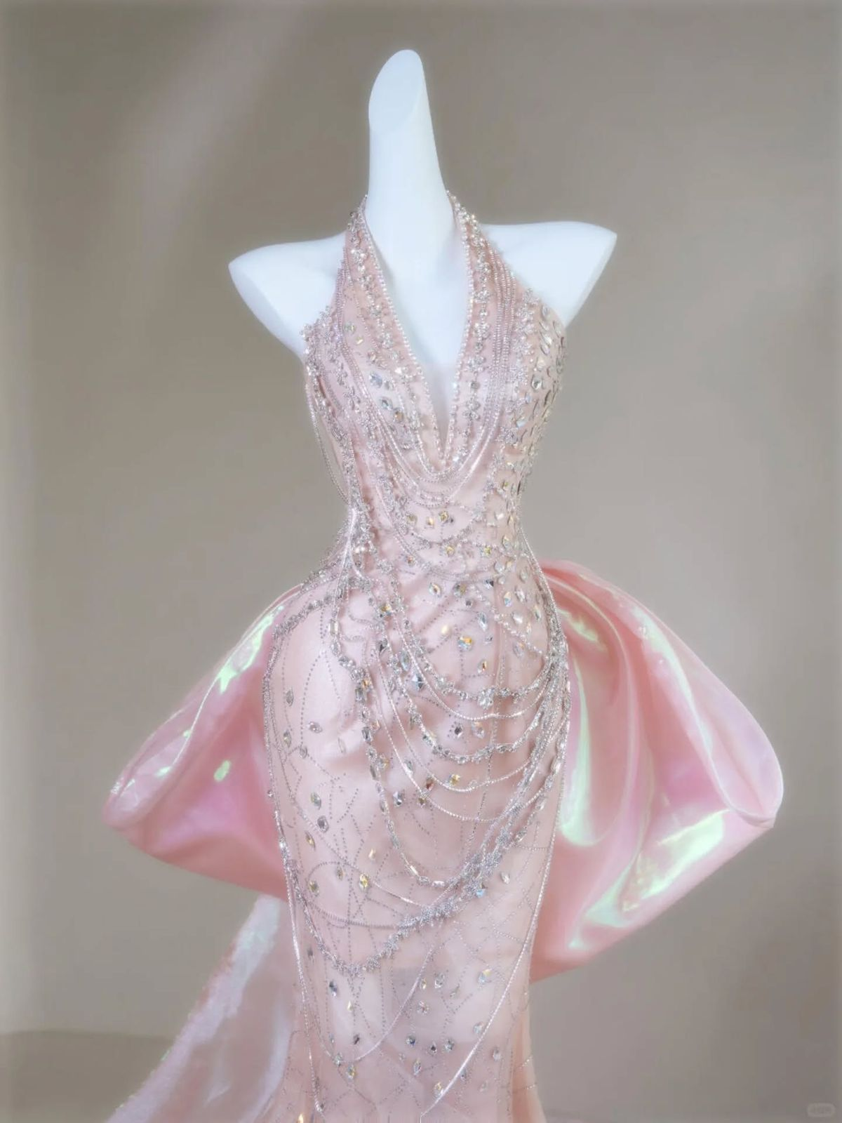 Gorgeous Mermaid Halter Light Pink Satin Beaded Long Prom Dress,Formal Evening Dress - View 5 | FashionDia