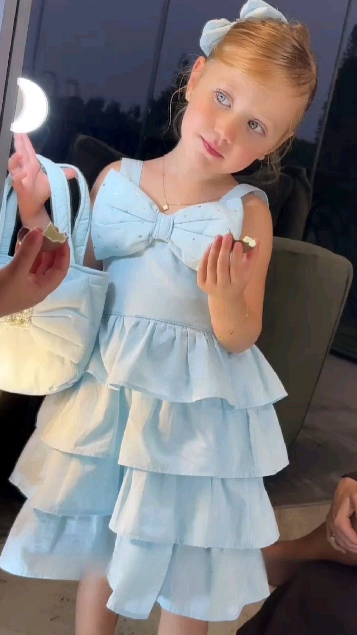 Cute A-Line Pale Blue Tiered Satin With Bow Flower Girl Dress - View 3 | FashionDia