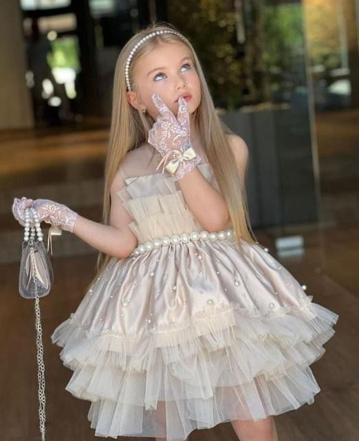 Princess Ball Gown Satin Tulle Beaded With Gloves Flower Girl Dress - View 3 | FashionDia