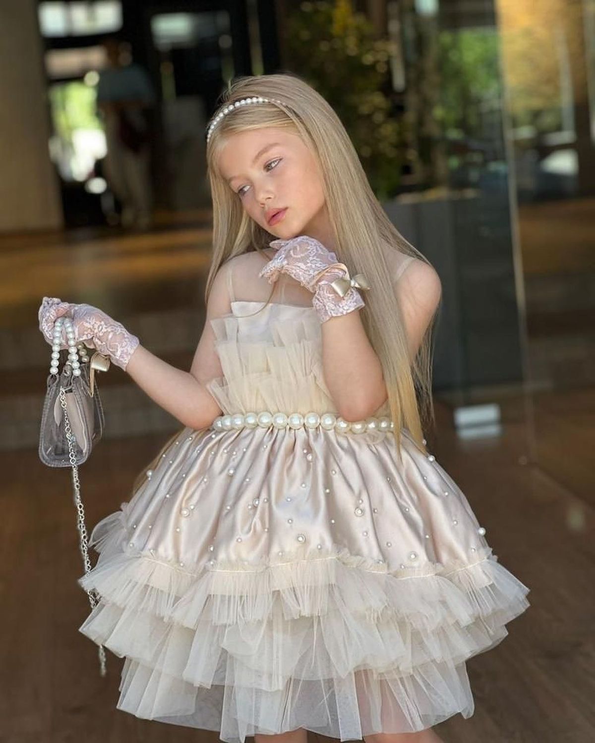 Princess Ball Gown Satin Tulle Beaded With Gloves Flower Girl Dress - View 2 | FashionDia
