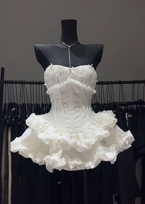 Cute A-Line Strapless Tiered Satin Short Homecoming Dress 18th Birthday Outfits - FashionDia