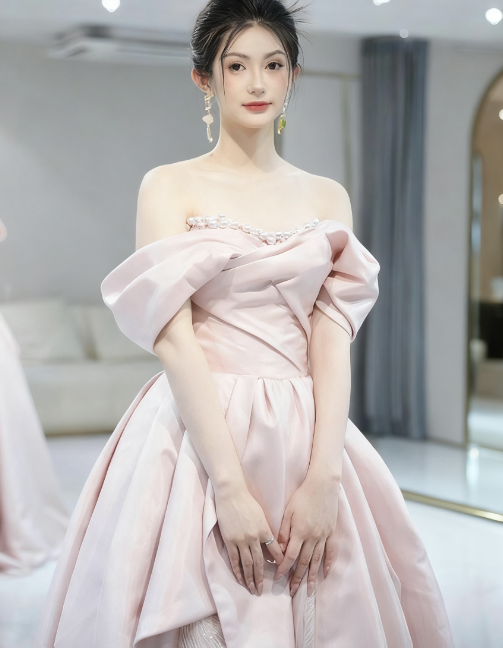 Beautiful A-Line Off-the-Shoulder Pink Satin Tulle Sequin Long Prom Dress, Evening Dress - View 3 | FashionDia