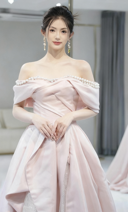 Beautiful A-Line Off-the-Shoulder Pink Satin Tulle Sequin Long Prom Dress, Evening Dress - View 5 | FashionDia