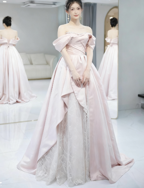 Beautiful A-Line Off-the-Shoulder Pink Satin Tulle Sequin Long Prom Dress, Evening Dress - View 6 | FashionDia