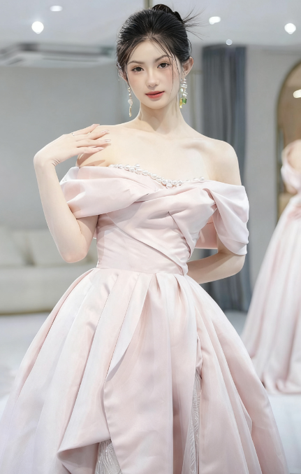Beautiful A-Line Off-the-Shoulder Pink Satin Tulle Sequin Long Prom Dress, Evening Dress - View 7 | FashionDia