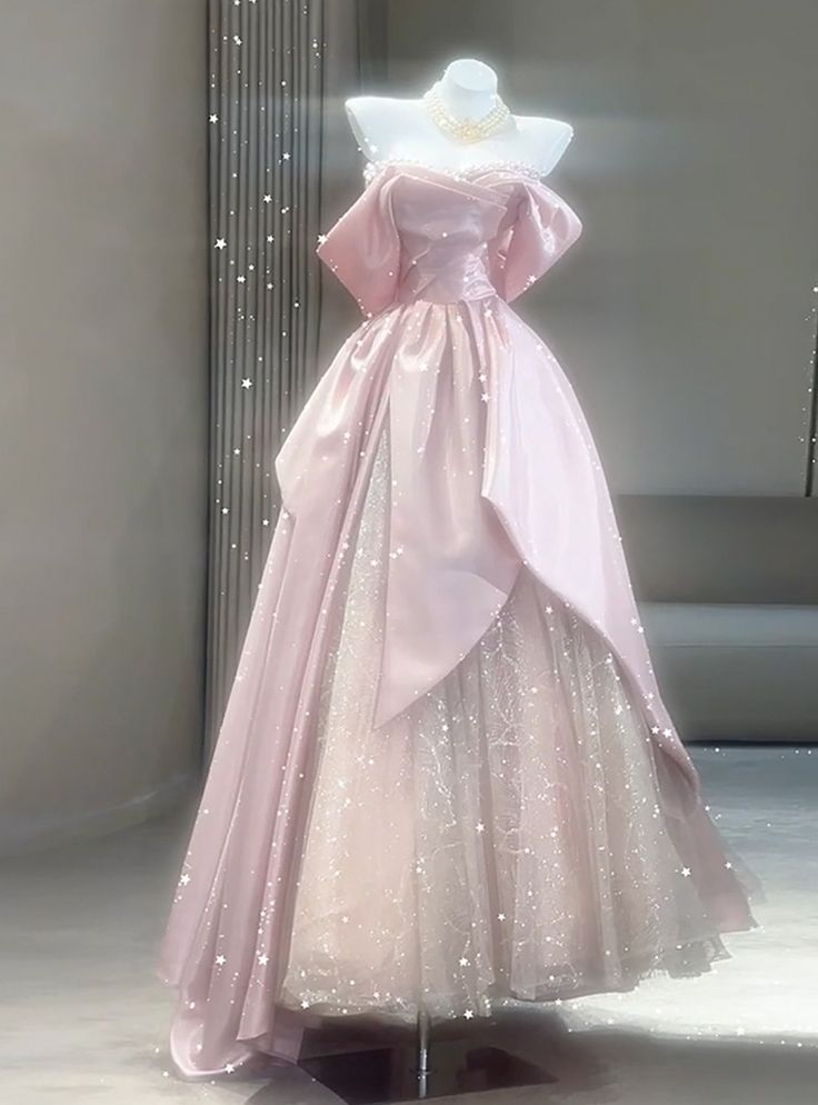 Beautiful A-Line Off-the-Shoulder Pink Satin Tulle Sequin Long Prom Dress, Evening Dress - View 2 | FashionDia