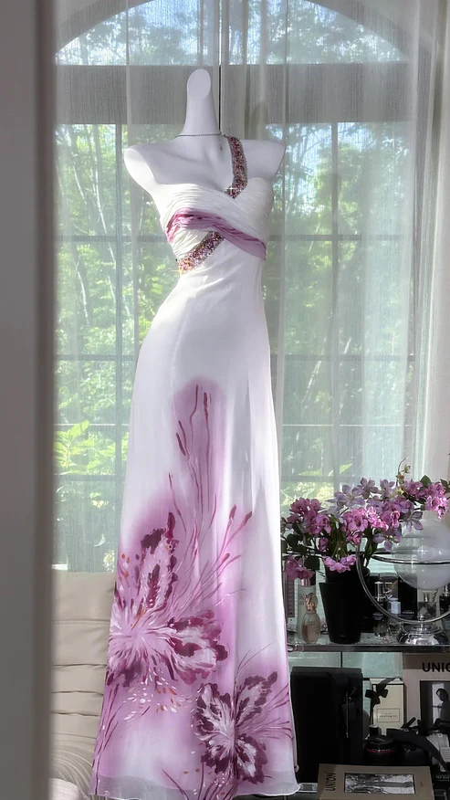 Chic A-Line One-Shoulder Chiffon Sequin Printed Butterfly Long Prom Dress, Evening Dress - FashionDia