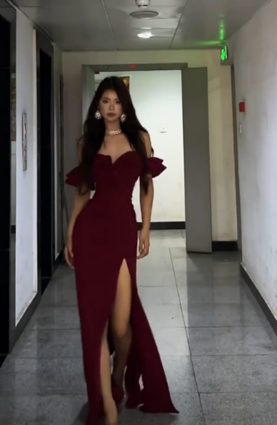Formal Mermaid Off-the-Shoulder Burgundy Satin Slit Long Prom Dress, Evening Dress - View 2 | FashionDia