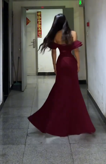 Formal Mermaid Off-the-Shoulder Burgundy Satin Slit Long Prom Dress, Evening Dress - View 3 | FashionDia