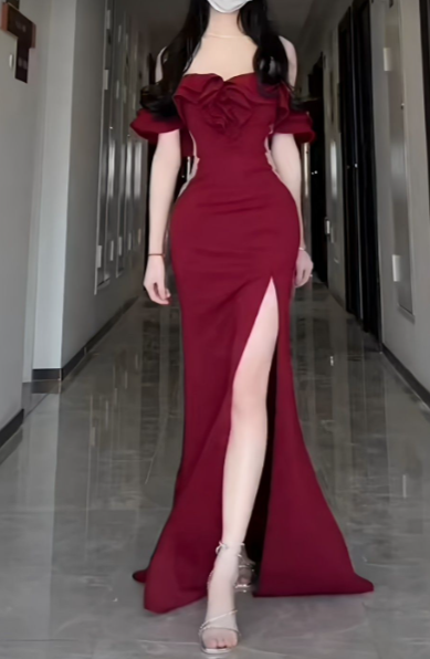 Formal Mermaid Off-the-Shoulder Burgundy Satin Slit Long Prom Dress, Evening Dress - View 5 | FashionDia