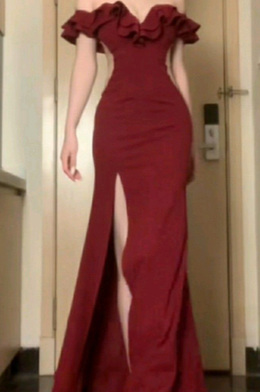 Formal Mermaid Off-the-Shoulder Burgundy Satin Slit Long Prom Dress, Evening Dress - View 6 | FashionDia