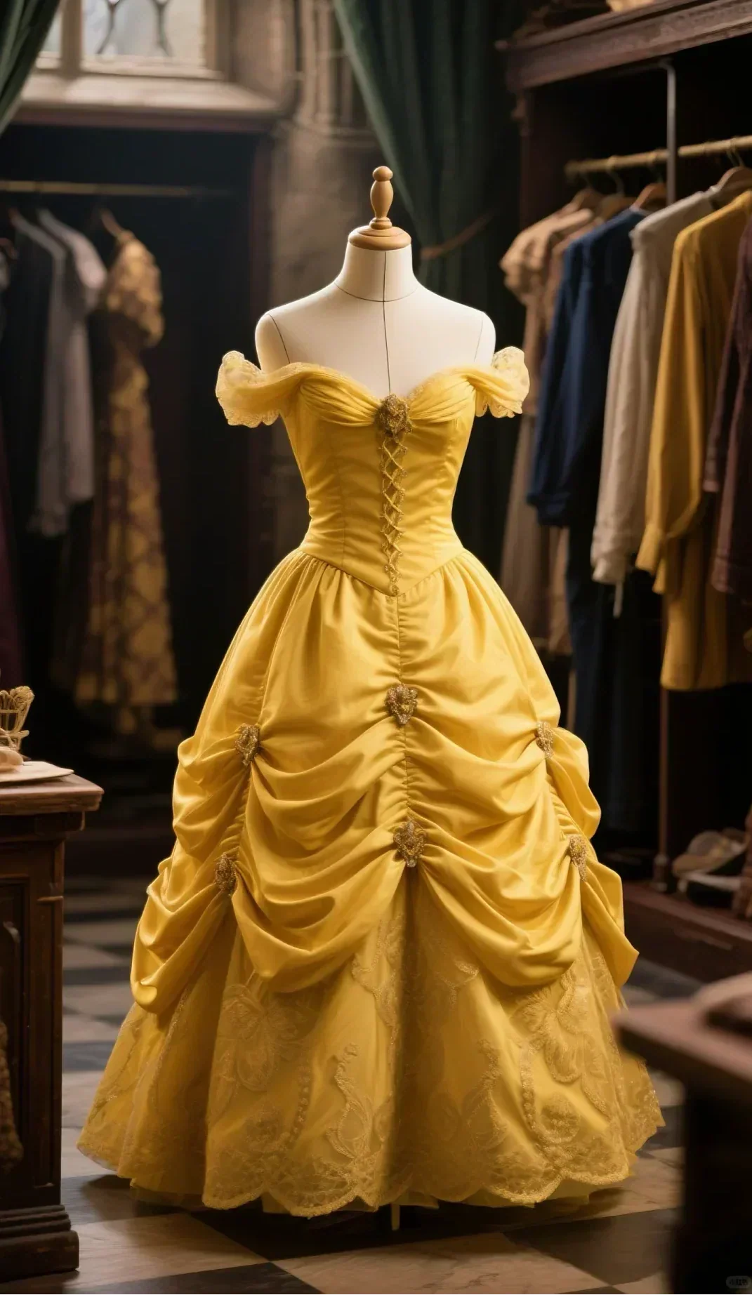 Yellow Ball Gown Off-the-Shoulder Satin Lace Long Prom Dress, Evening Dress - FashionDia