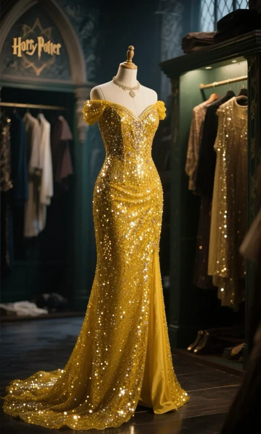 Sexy Yellow Mermaid Off The Shoulder Sequin Slit Long Prom Dress, Evening Dress - VelvetHem