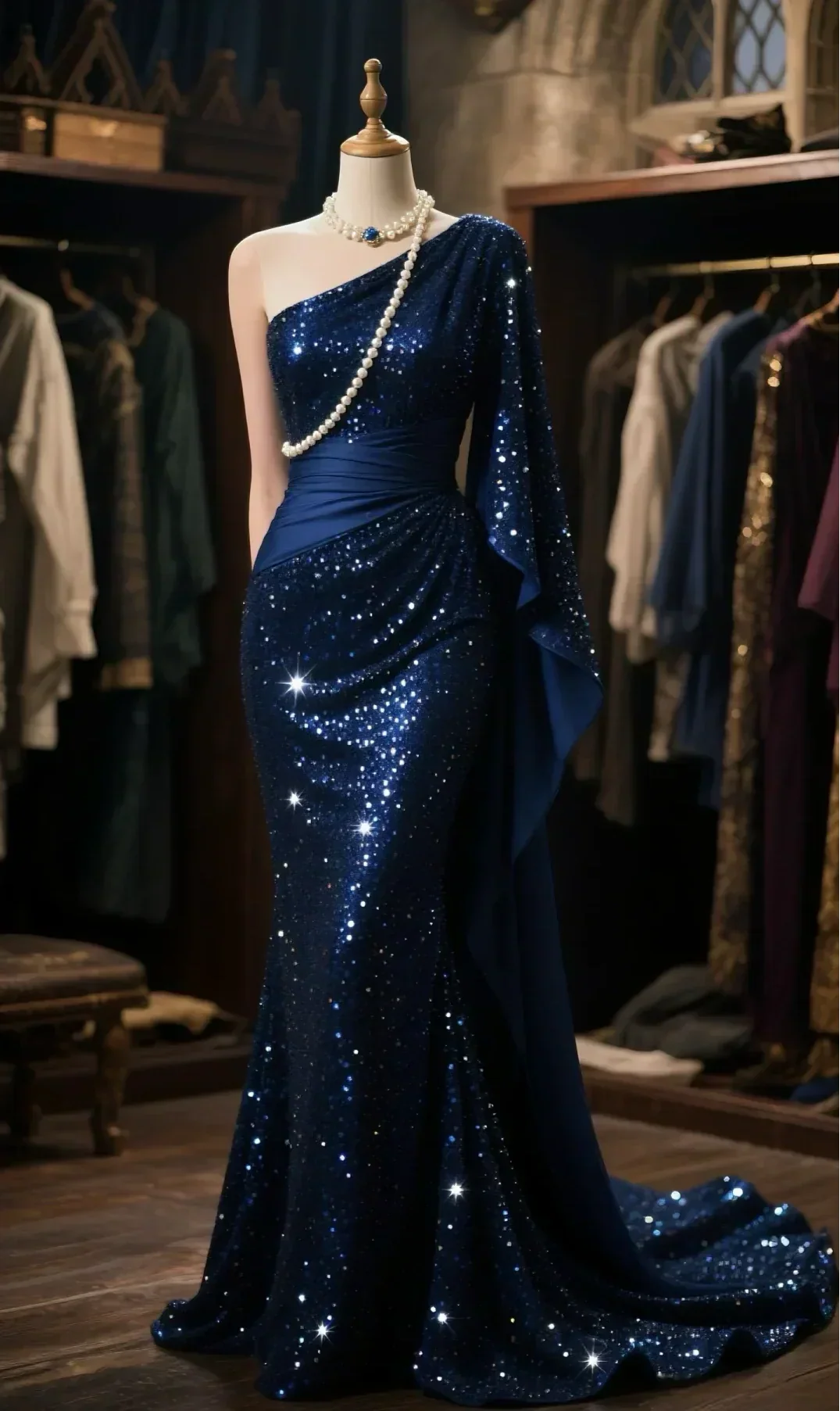 Mermaid Navy Satin Sequin One-Shoulder Cape Long Prom Dress, Evening Dress - FashionDia