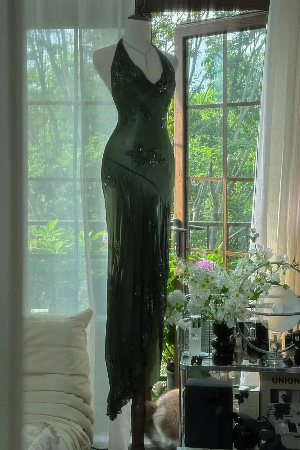 Sexy Mermaid Halter Dark Green Chiffon Sequin Long Prom Dress, Evening Dress