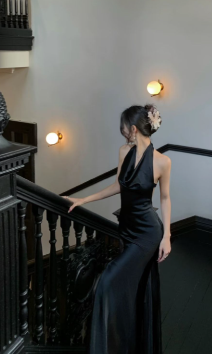 Sexy Mermaid Black Halter Satin Long Prom Dress, Evening Dress - FashionDia