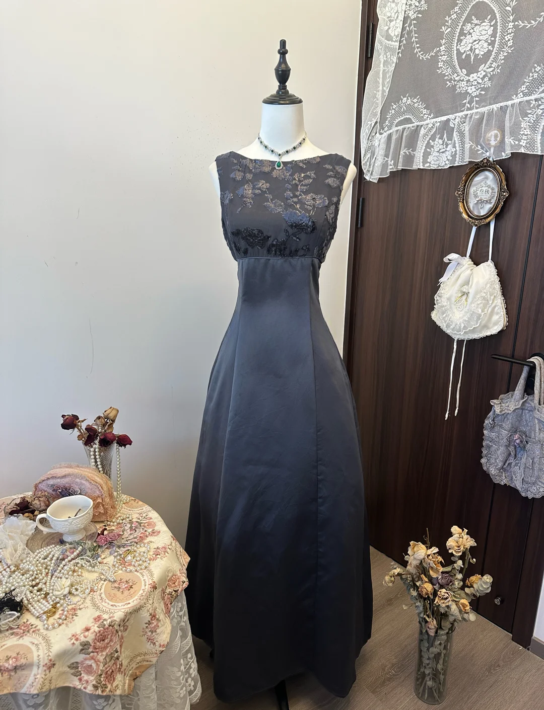 Unique A-Line Satin Lace Long Prom Dress, Evening Dress - FashionDia