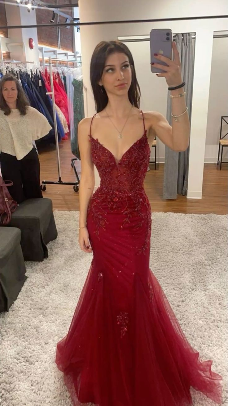 Elegant Mermaid Spaghetti Straps Tulle Sequin Long Prom Dress, Evening Dress - View 2 | FashionDia