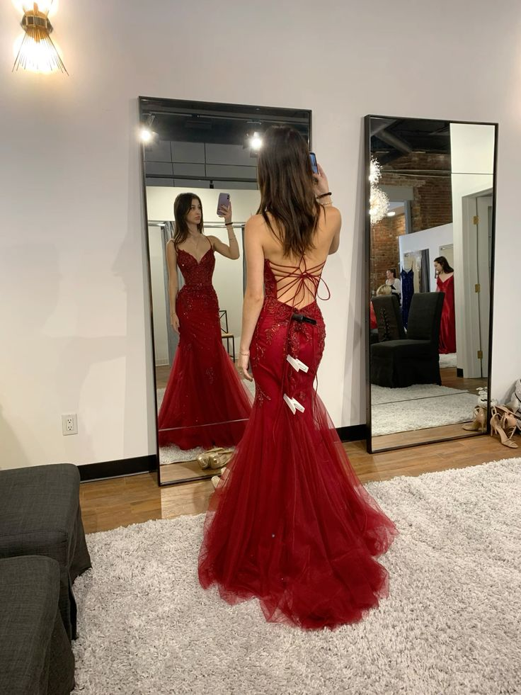 Elegant Mermaid Spaghetti Straps Tulle Sequin Long Prom Dress, Evening Dress - View 3 | FashionDia