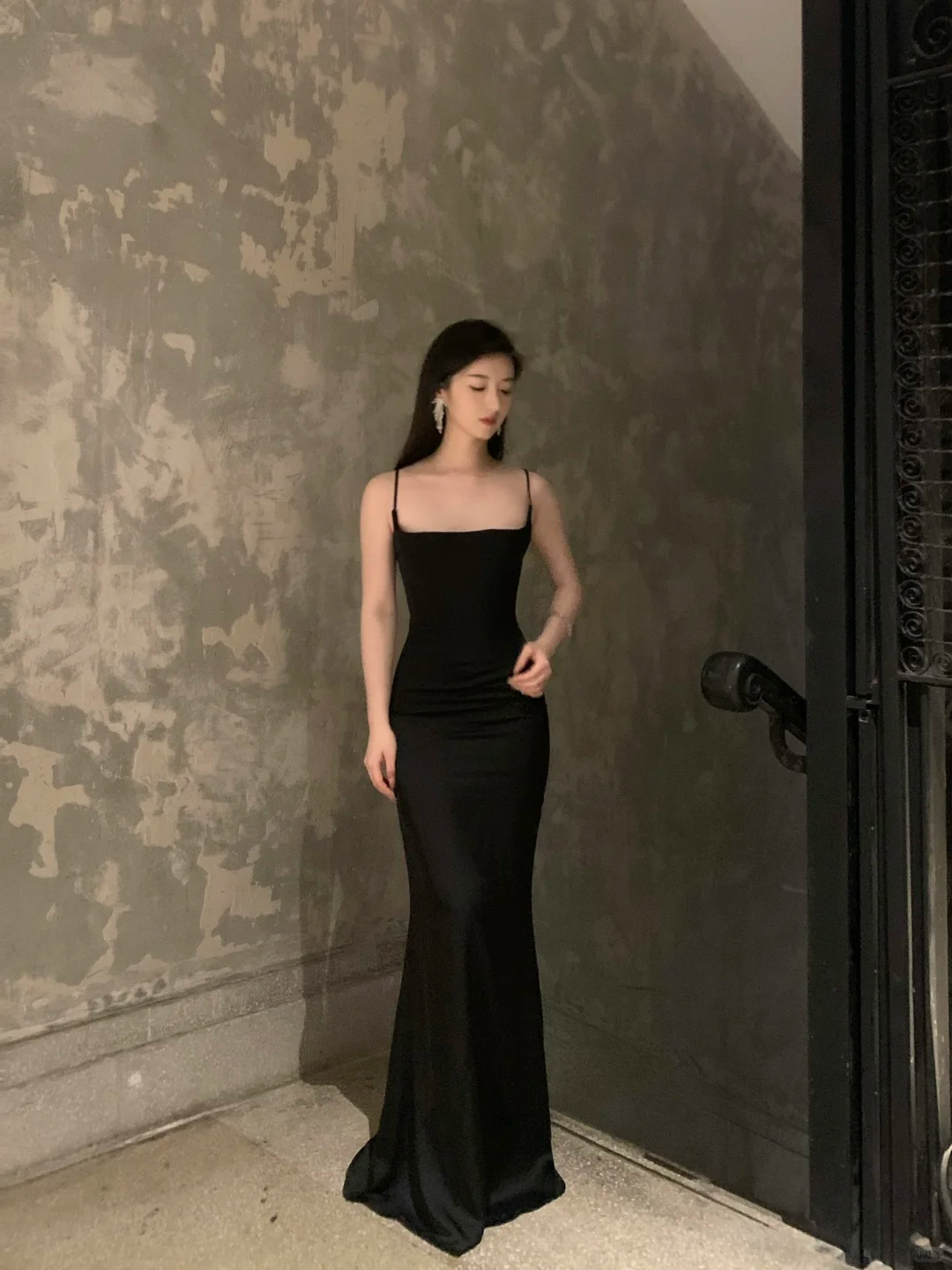 Sexy Mermaid Spaghetti Straps Black Satin Long Prom Dress, Evening Dress - FashionDia