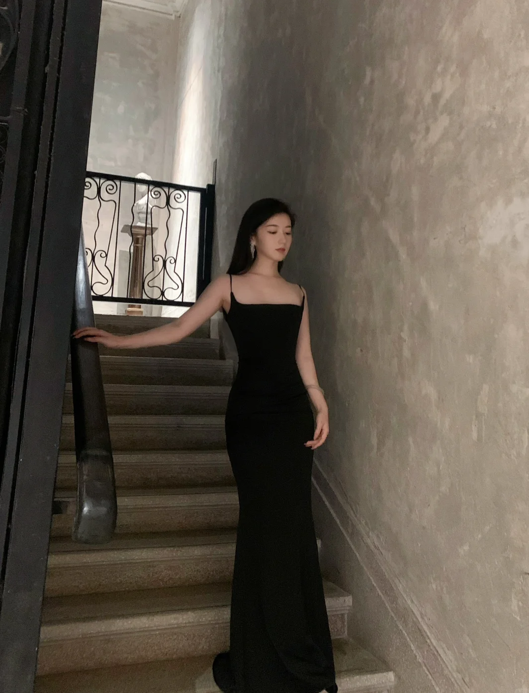 Sexy Mermaid Spaghetti Straps Black Satin Long Prom Dress, Evening Dress - View 3 | FashionDia