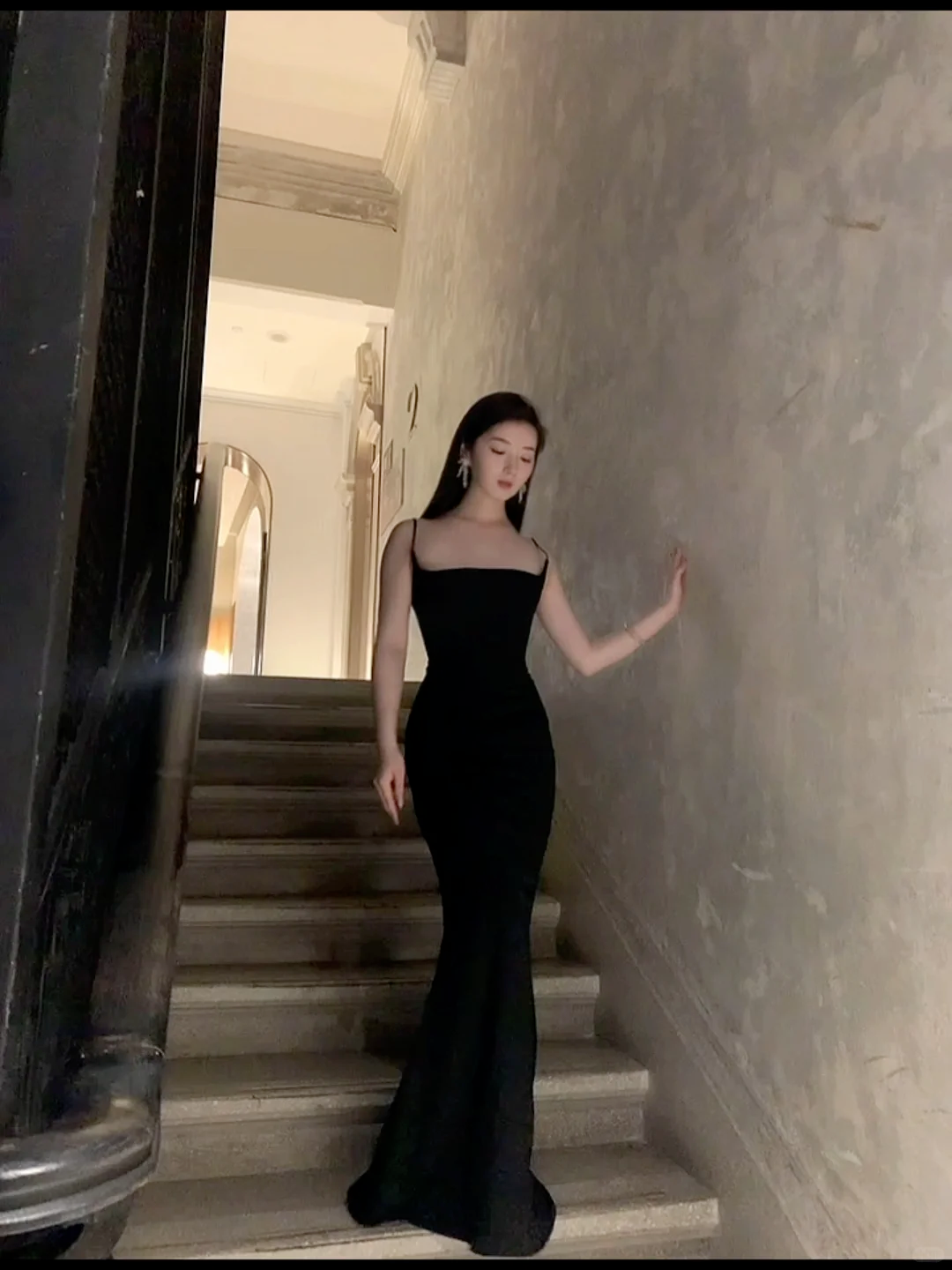 Sexy Mermaid Spaghetti Straps Black Satin Long Prom Dress, Evening Dress - View 4 | FashionDia