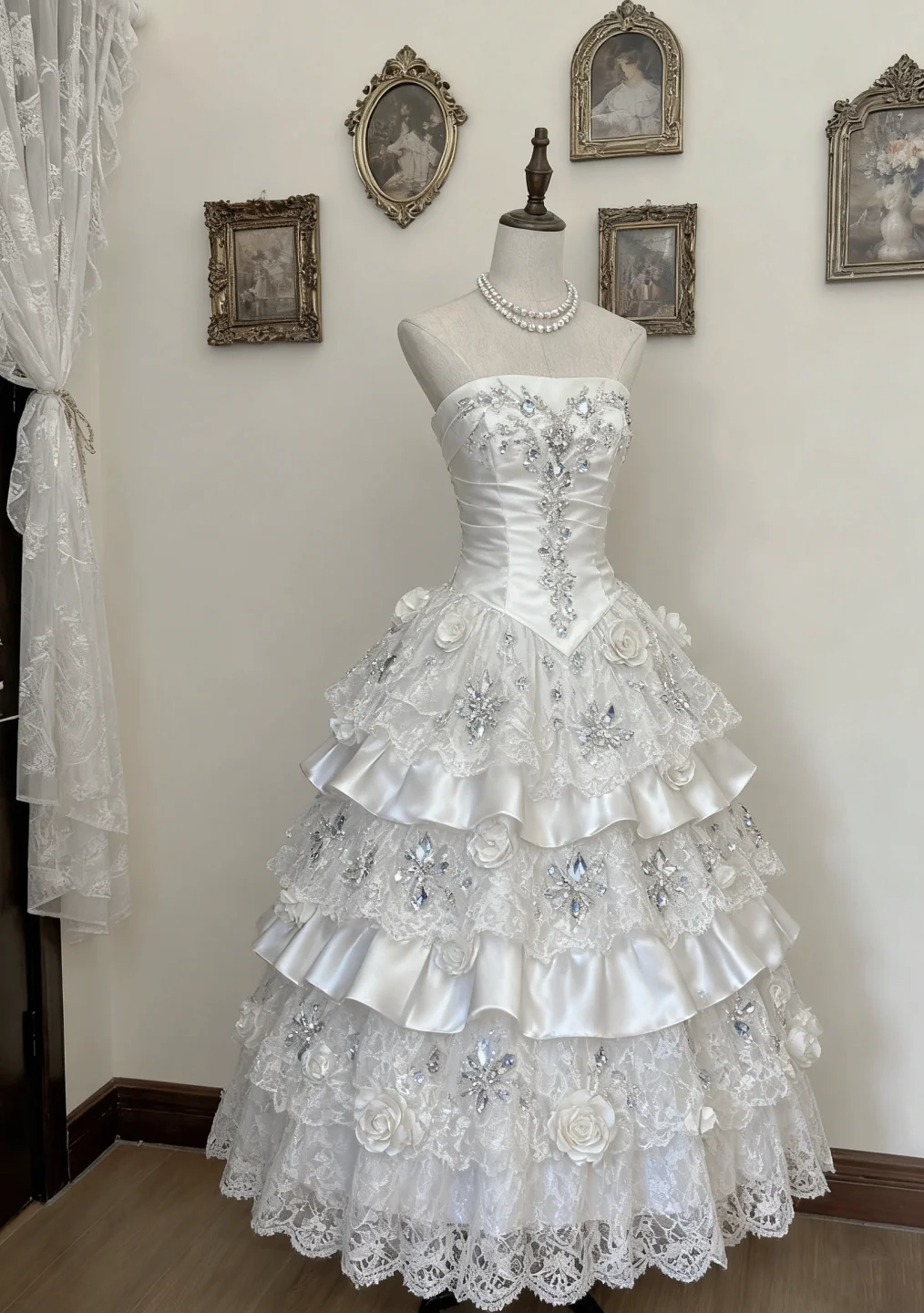 Princess Ball Gown Strapless Tiered Satin Lace Beaded Long Prom Dress, Evening Dress - FashionDia