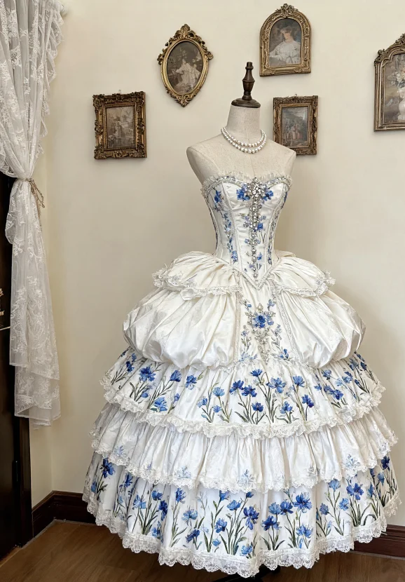 Unique Ball Gown Sweetheart Tiered Satin Lace Floral Beaded Long Prom Dress, Evening Dress - FashionDia