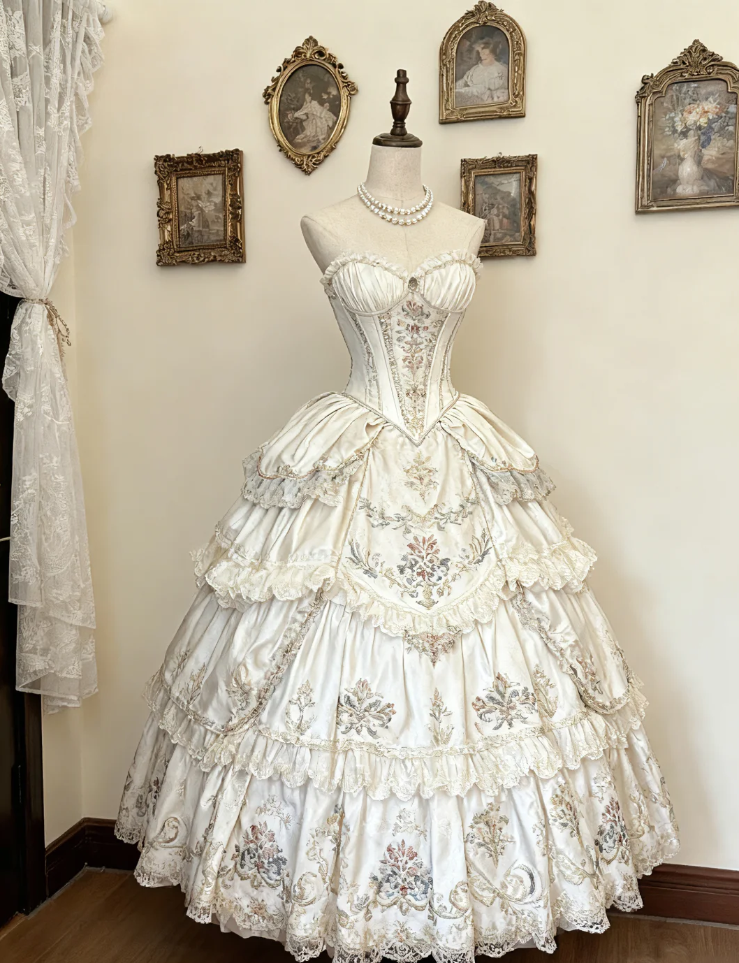 Retro Ball Gown Sweetheart Tiered Satin Lace Floral Long Prom Dress, Evening Dress - FashionDia