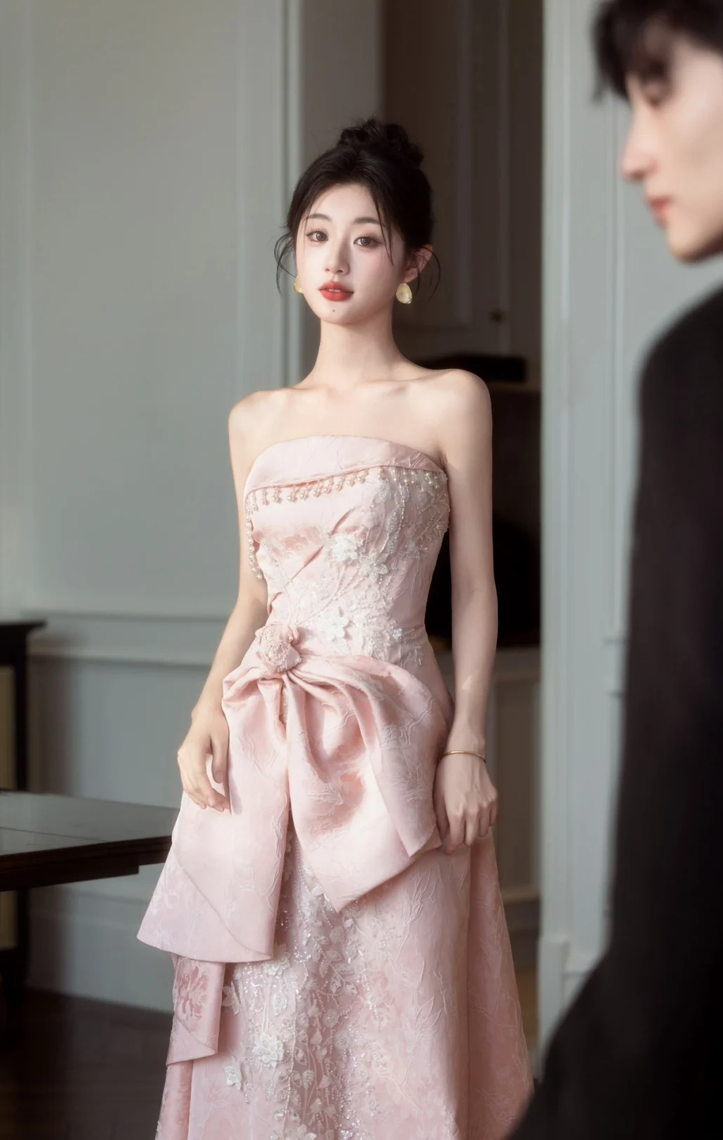 Gorgeous A-Line Strapless Satin Lace Long Prom Dress, Evening Dress - View 2 | FashionDia