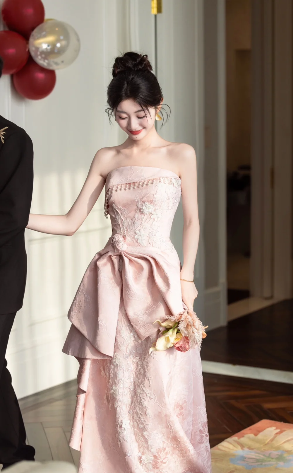 Gorgeous A-Line Strapless Satin Lace Long Prom Dress, Evening Dress - View 3 | FashionDia