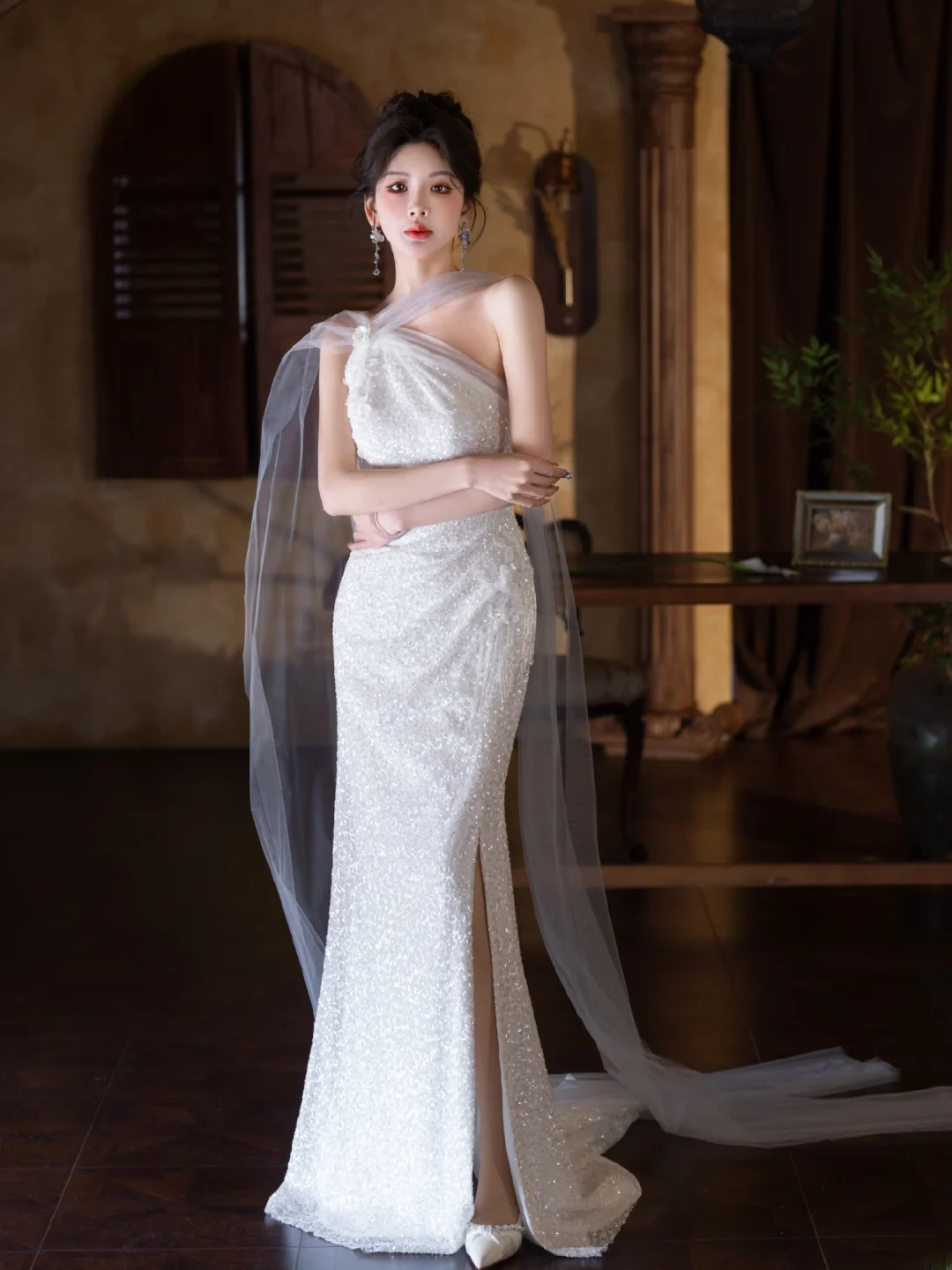 Shiny Mermaid One-Shoulder Tulle Sequin Slit Long Prom Dress, Evening Dress - View 2 | FashionDia