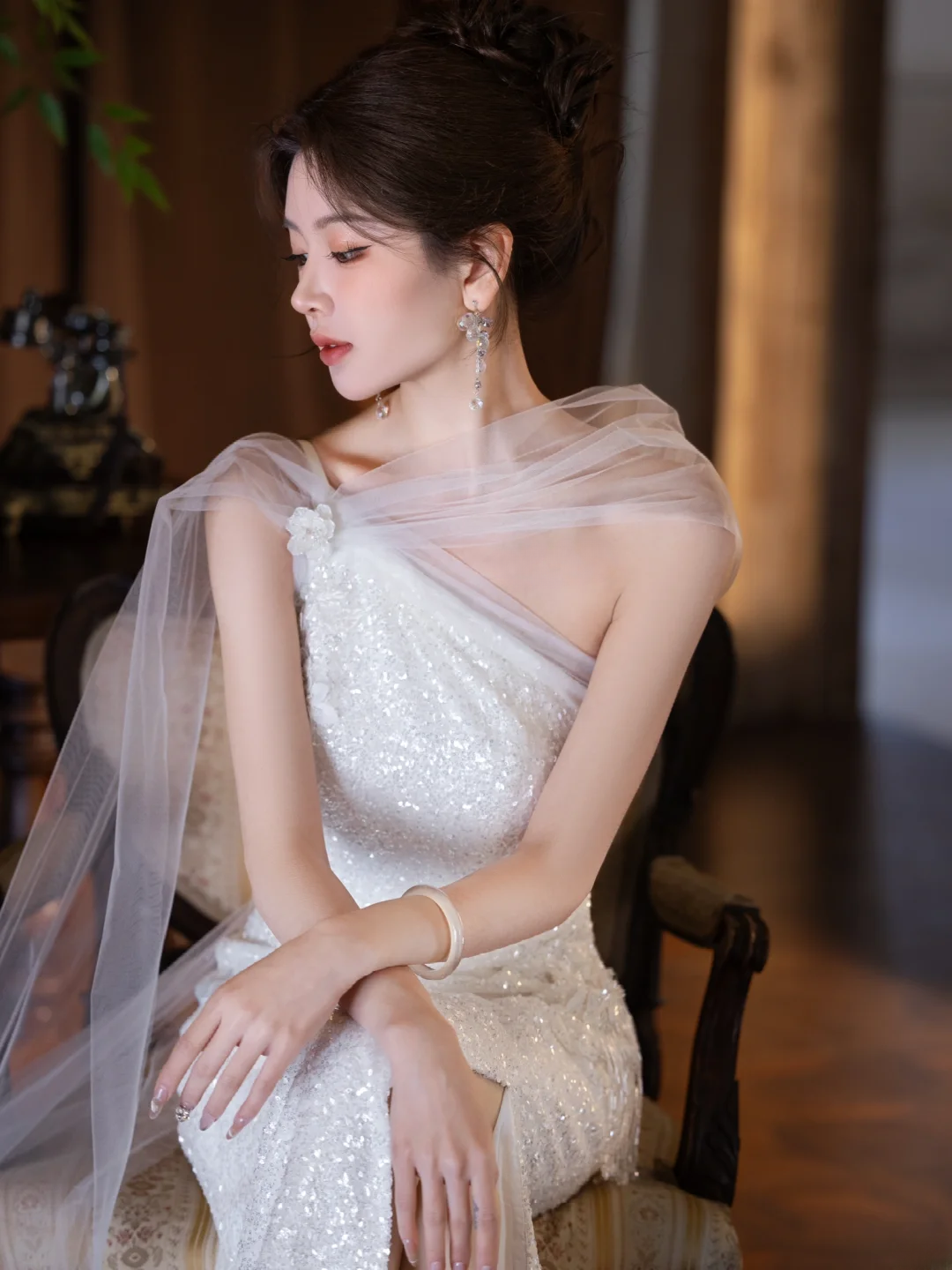 Shiny Mermaid One-Shoulder Tulle Sequin Slit Long Prom Dress, Evening Dress - View 3 | FashionDia