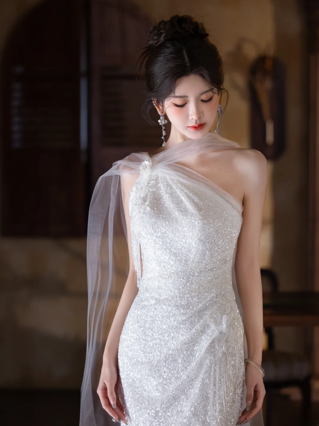 Shiny Mermaid One-Shoulder Tulle Sequin Slit Long Prom Dress, Evening Dress - View 4 | FashionDia