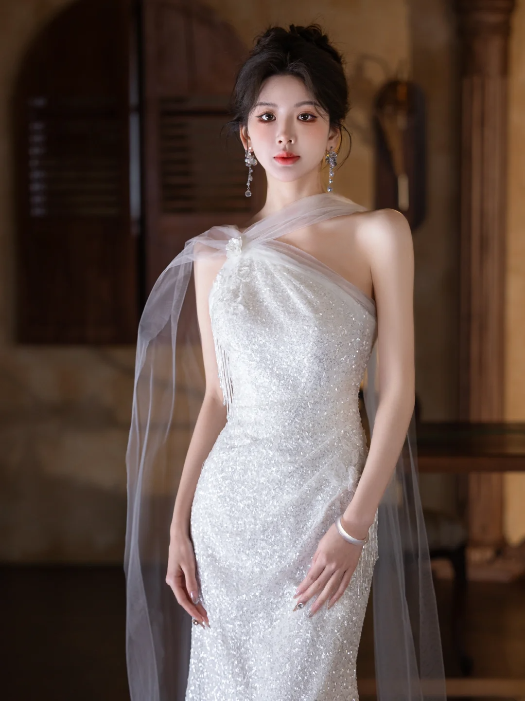 Shiny Mermaid One-Shoulder Tulle Sequin Slit Long Prom Dress, Evening Dress - View 5 | FashionDia