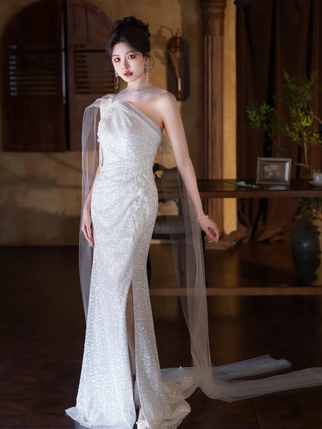 Shiny Mermaid One-Shoulder Tulle Sequin Slit Long Prom Dress, Evening Dress - View 7 | FashionDia