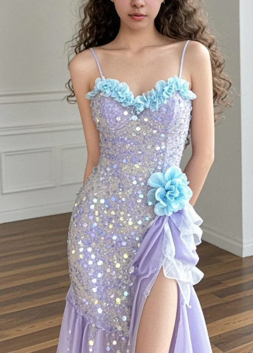 Shiny Pretty Mermaid Spaghetti Straps Lilac Chiffon Sequin Slit Long Prom Dress, Evening Dress - View 3 | FashionDia